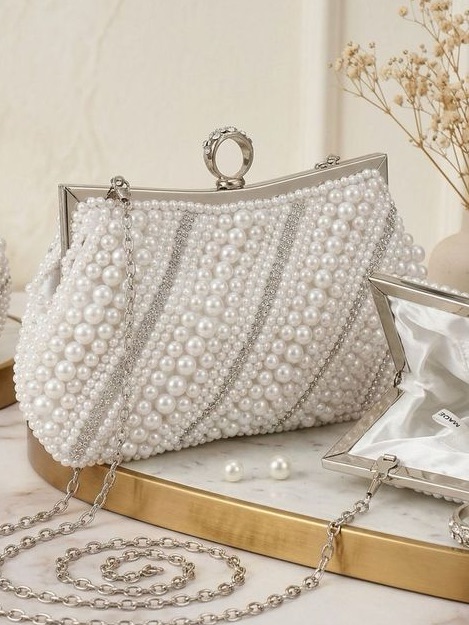 High End White Pearl Rhinestone Hand Sewn Evening Clutch With Chain